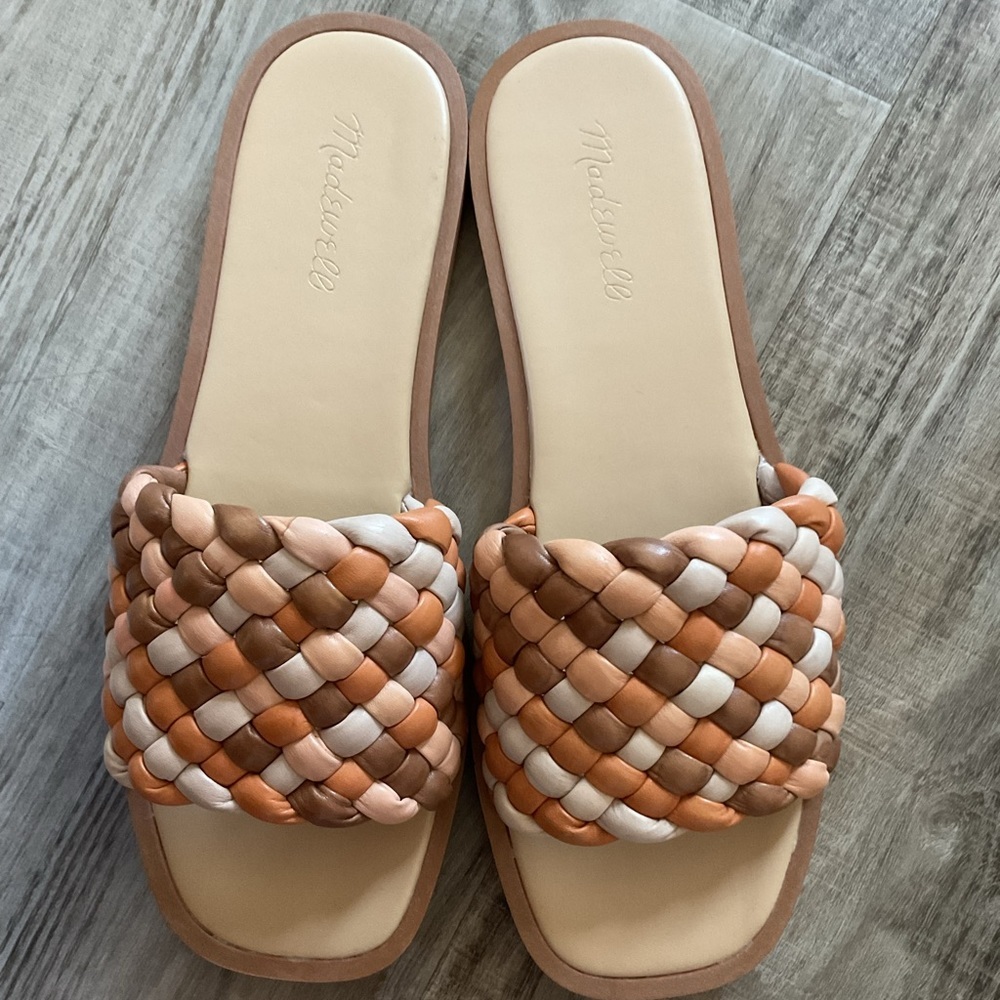 New Madewell The Suzi Slide Sandal Shoe Woven Puff Leather Square Toe Slip Flat - Picture 4 of 6